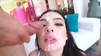 Brunette gives sloppy blowjob and