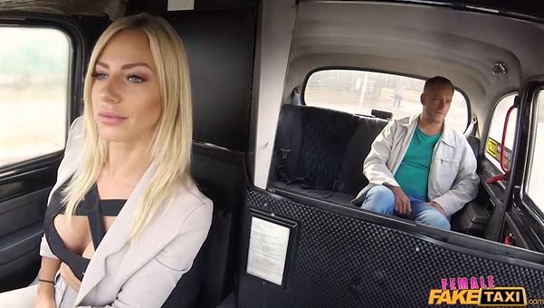 Female Fake Taxi Shy cheating boyfriend fucks blonde cab driver on backseat.